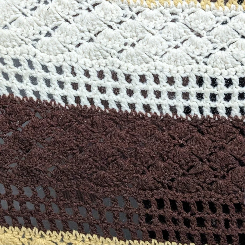 Vintage Handmade Crochet Afghan Blanket Striped Brown Yellow Cream Throw